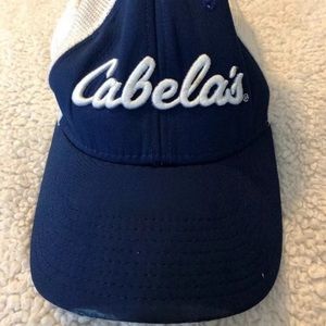 Vintage Cabelas Truckers Hat cap Mesh strap back white blue Distressed 80’s